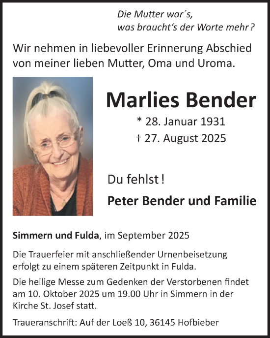 Traueranzeige von Marlies Bender von WochenSpiegel