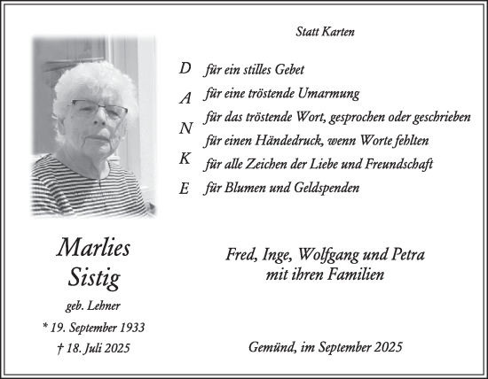 Traueranzeige von Marlies Sisting von WochenSpiegel