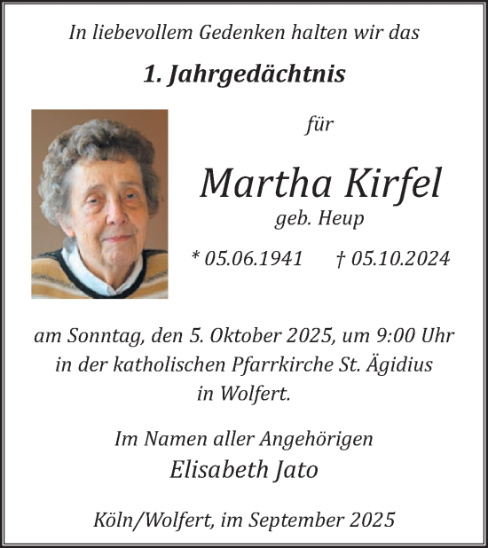 Traueranzeige von Martha Kirfel von WochenSpiegel