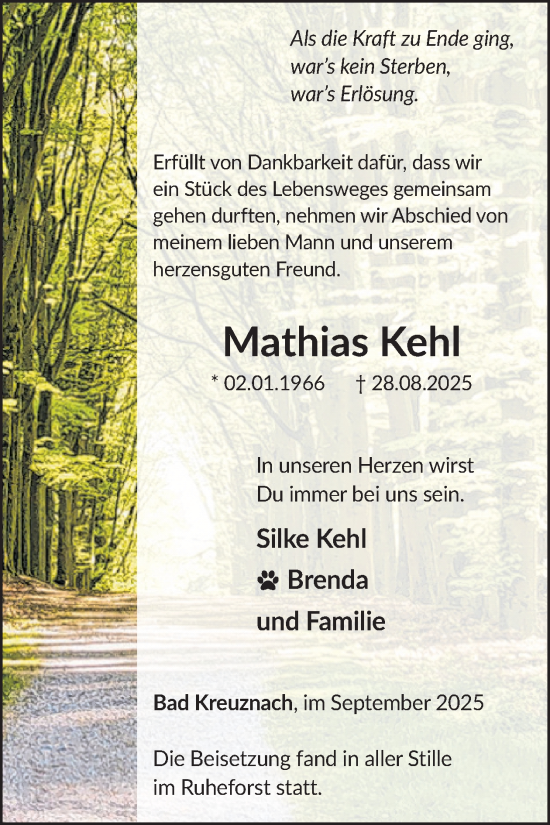 Traueranzeige von Mathias Kehl von WochenSpiegel