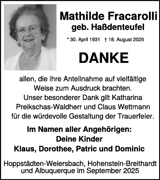 Traueranzeige von Mathilde Fracarolli von WochenSpiegel