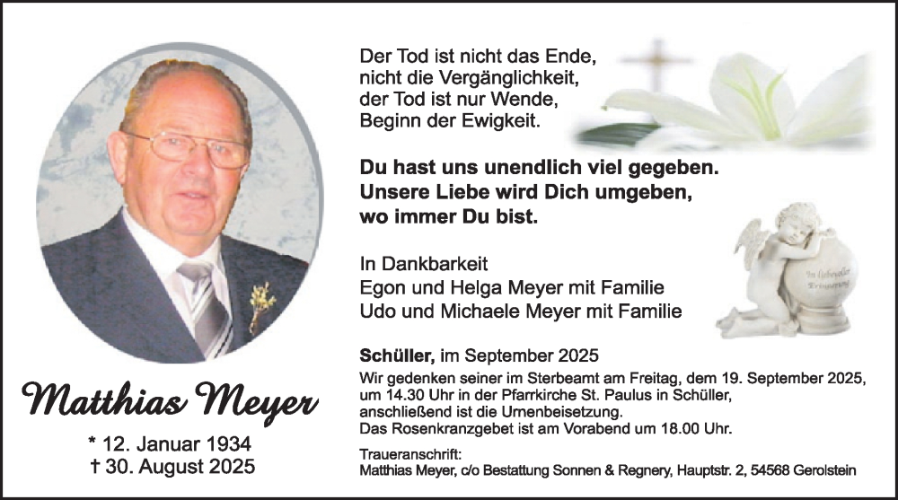  Traueranzeige für Matthias Meyer vom 13.09.2025 aus WochenSpiegel