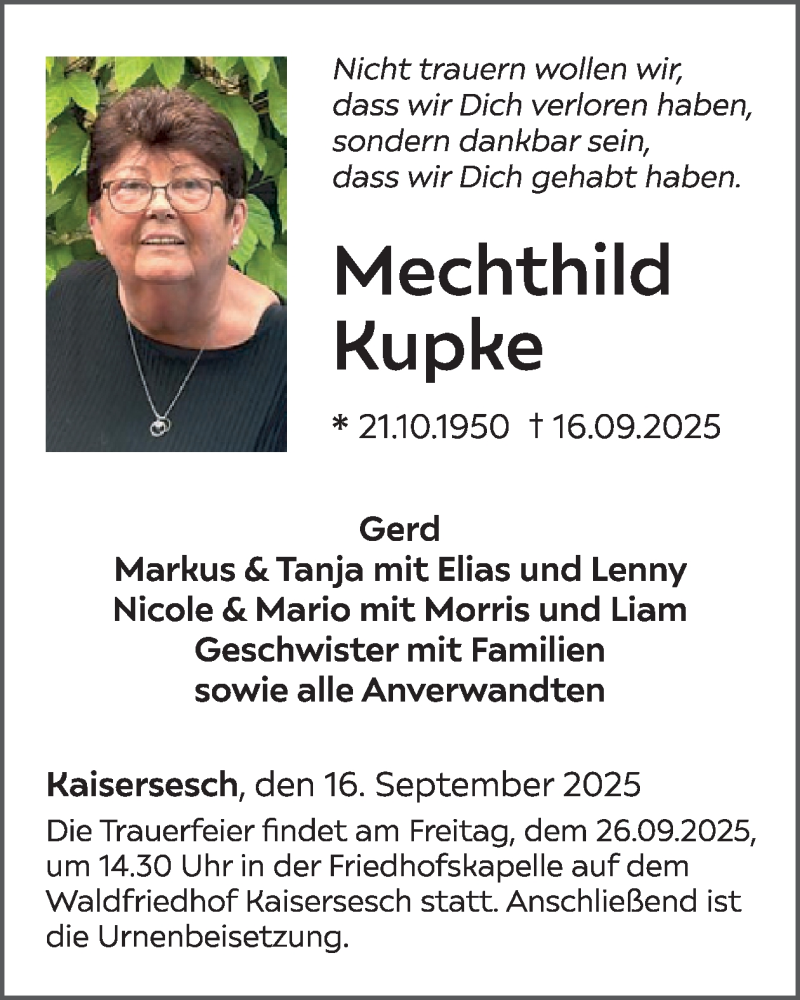  Traueranzeige für Mechthild Kupke vom 24.09.2025 aus WochenSpiegel