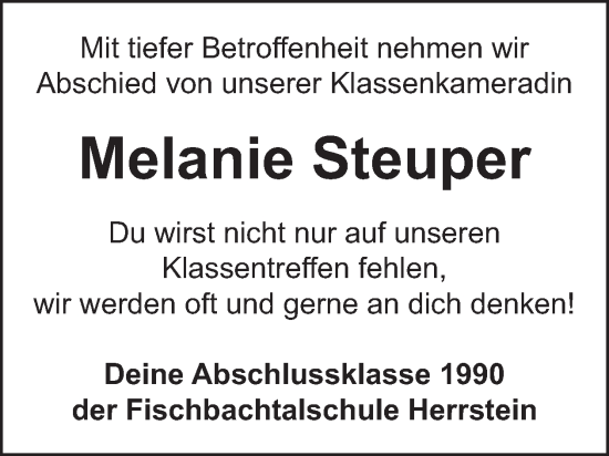 Traueranzeige von Melanie Steuper von WochenSpiegel