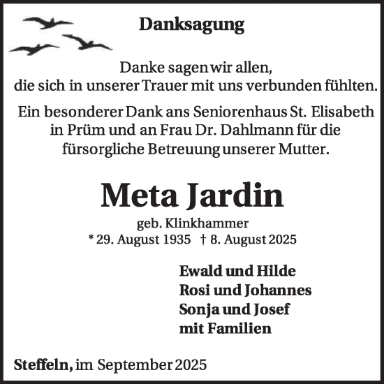 Traueranzeige von Meta Jardin von WochenSpiegel