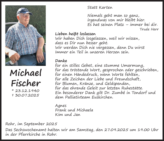 Traueranzeige von Michael Fischer von WochenSpiegel