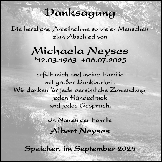 Traueranzeige von Michaela Neyses von WochenSpiegel