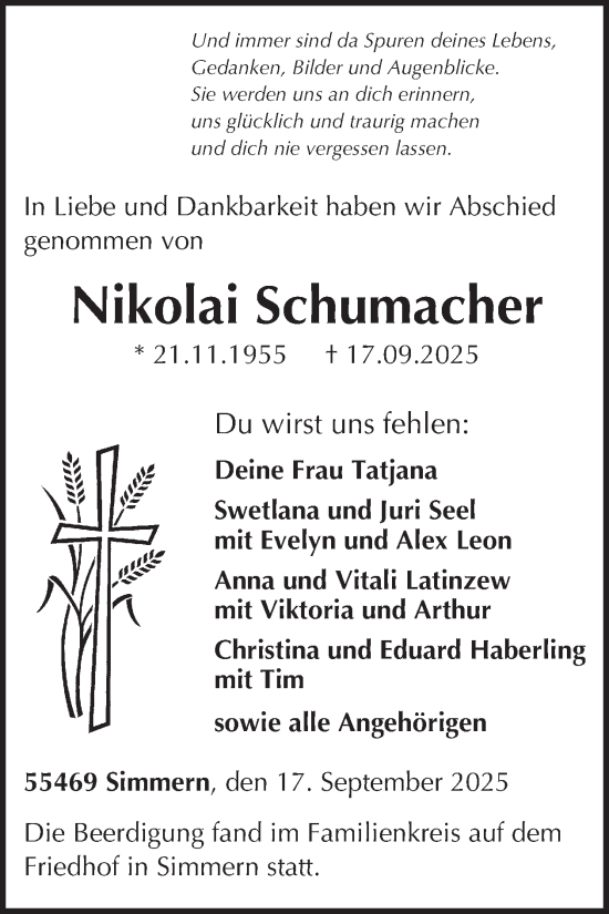 Traueranzeige von Nikolai Schumacher von WochenSpiegel