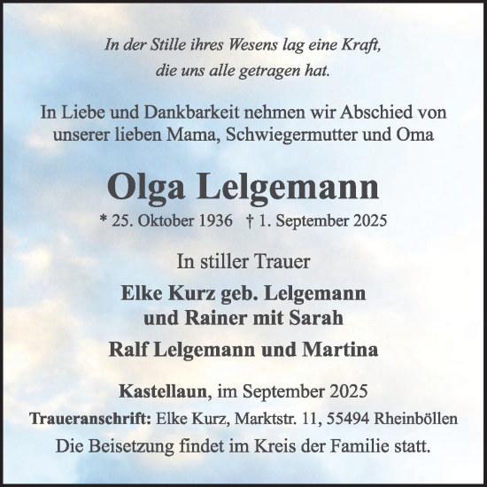 Traueranzeige von Olga Lelgemann von WochenSpiegel