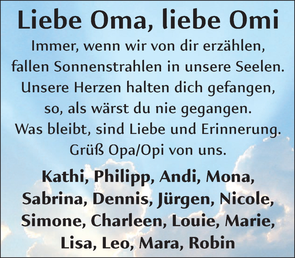  Traueranzeige für OmaOmi  vom 20.09.2025 aus WochenSpiegel