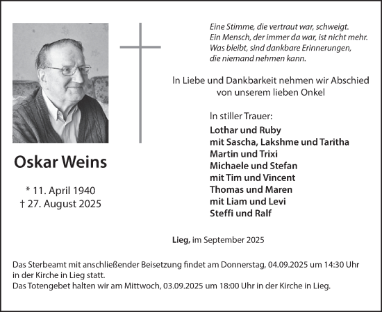 Traueranzeige von Oscar Weins von WochenSpiegel