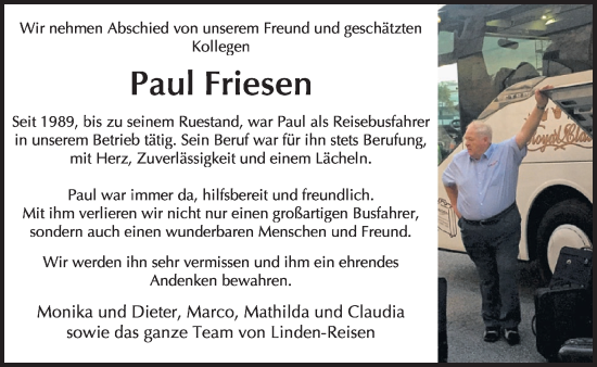 Traueranzeige von Paul Friesen von WochenSpiegel