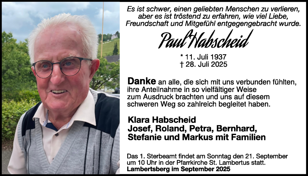  Traueranzeige für Paul Habscheid vom 19.09.2025 aus WochenSpiegel