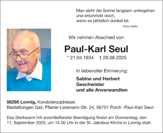Traueranzeige von Paul-Karl Seul von WochenSpiegel