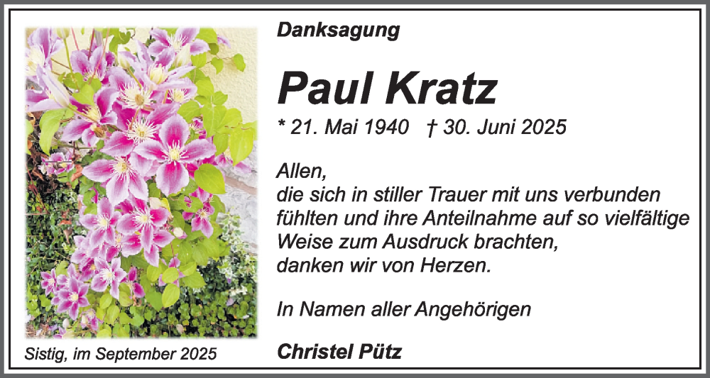  Traueranzeige für Paul Kratz vom 03.09.2025 aus WochenSpiegel