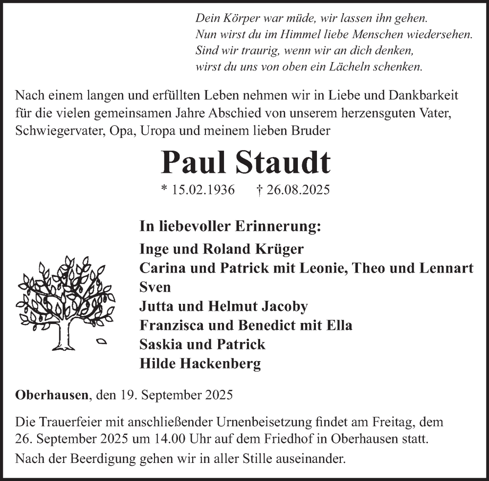  Traueranzeige für Paul Staudt vom 20.09.2025 aus WochenSpiegel