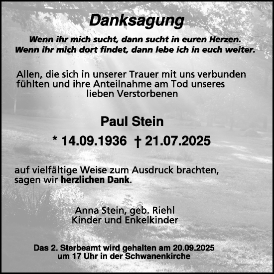 Traueranzeige von Paul Stein von WochenSpiegel