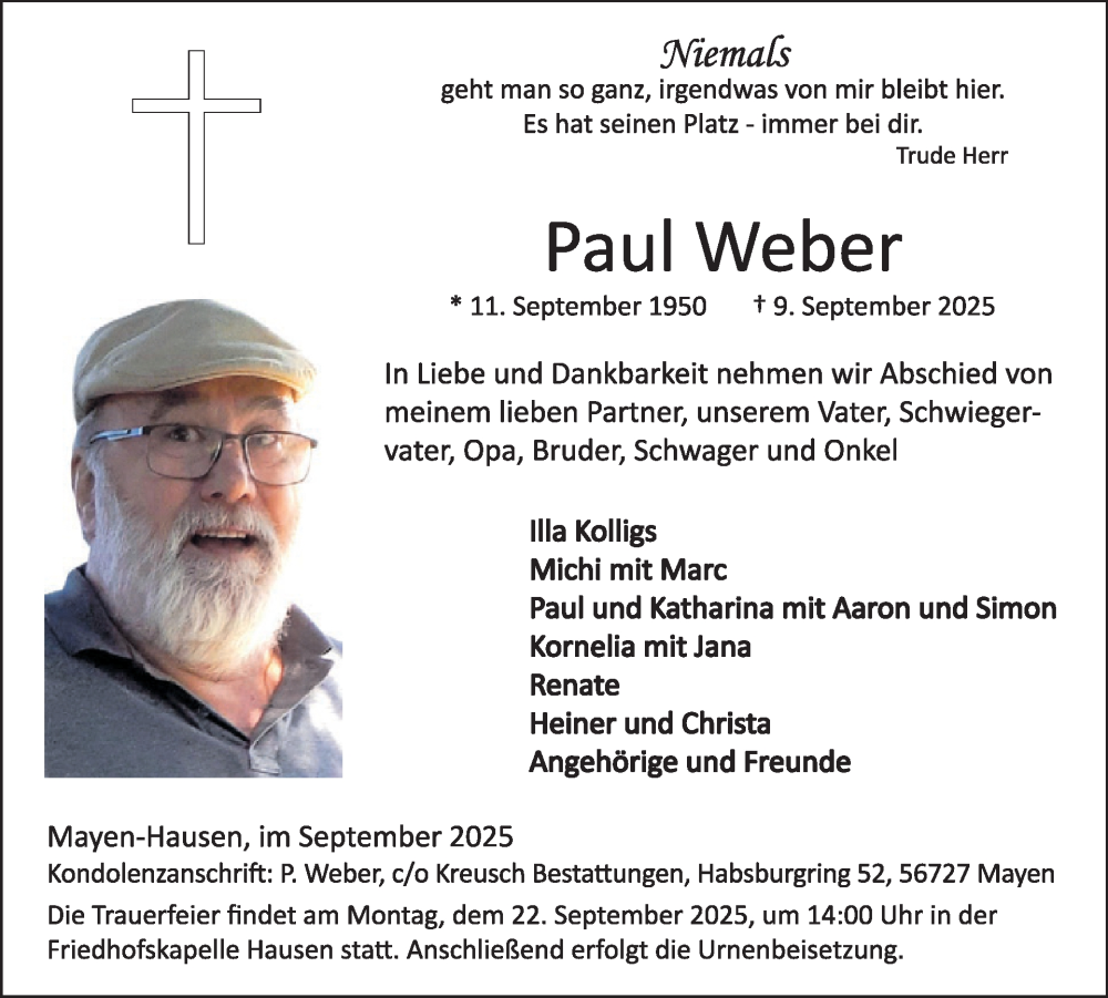  Traueranzeige für Paul Weber vom 17.09.2025 aus WochenSpiegel