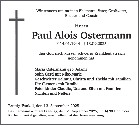 Traueranzeige von Paul Alois Ostermann von WochenSpiegel