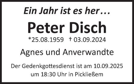 Traueranzeige von Peter Disch von WochenSpiegel