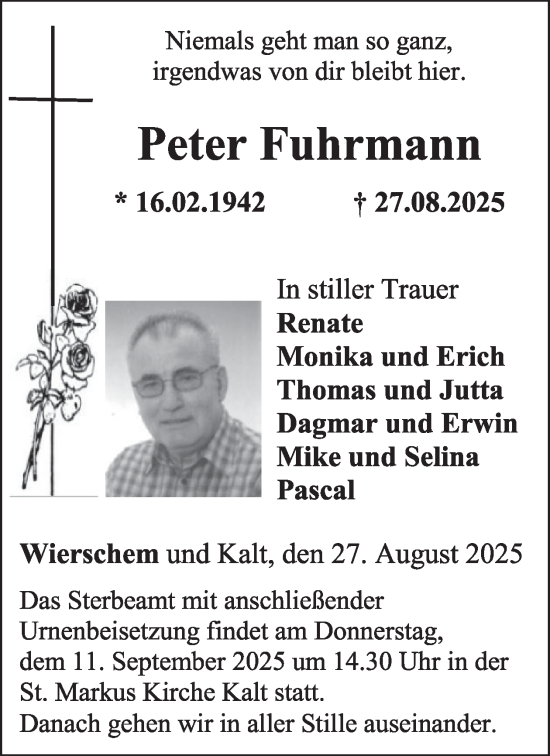 Traueranzeige von Peter Fuhrmann von WochenSpiegel