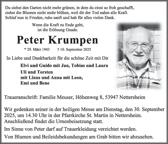 Traueranzeige von Peter Krumpen von WochenSpiegel