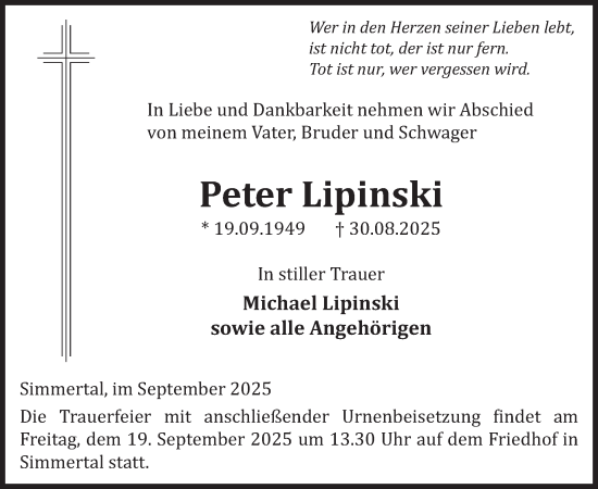 Traueranzeige von Peter Lipinski von WochenSpiegel