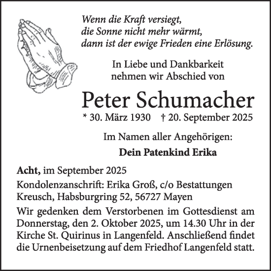Traueranzeige von Peter Schumacher von WochenSpiegel