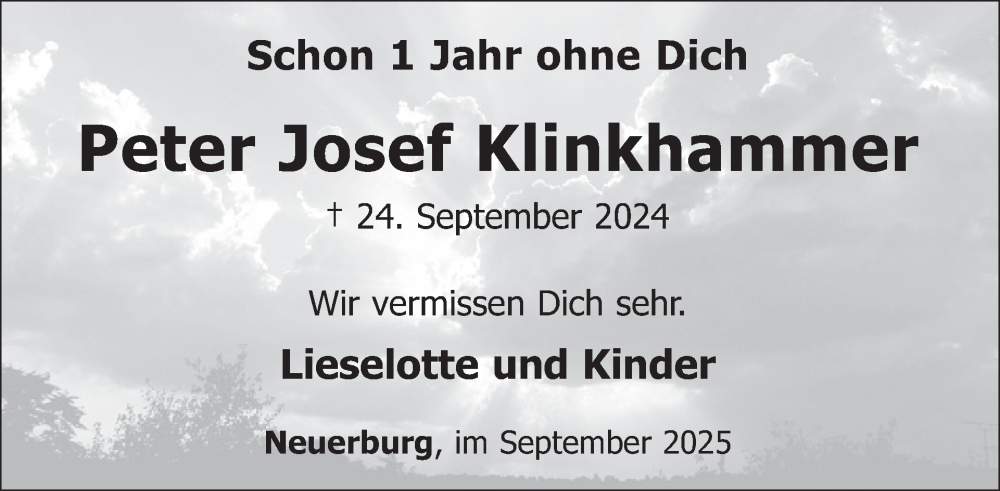  Traueranzeige für Peter Josef Klinkhammer vom 26.09.2025 aus WochenSpiegel