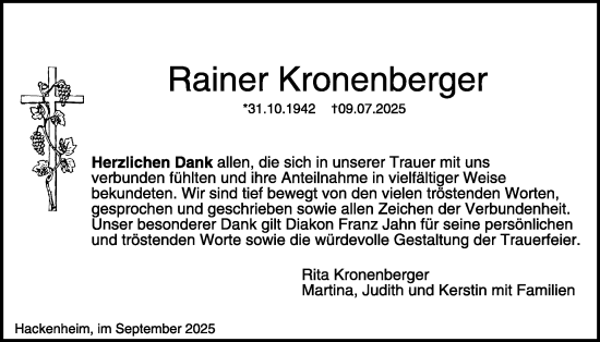 Traueranzeige von Rainer Kronenberger von WochenSpiegel