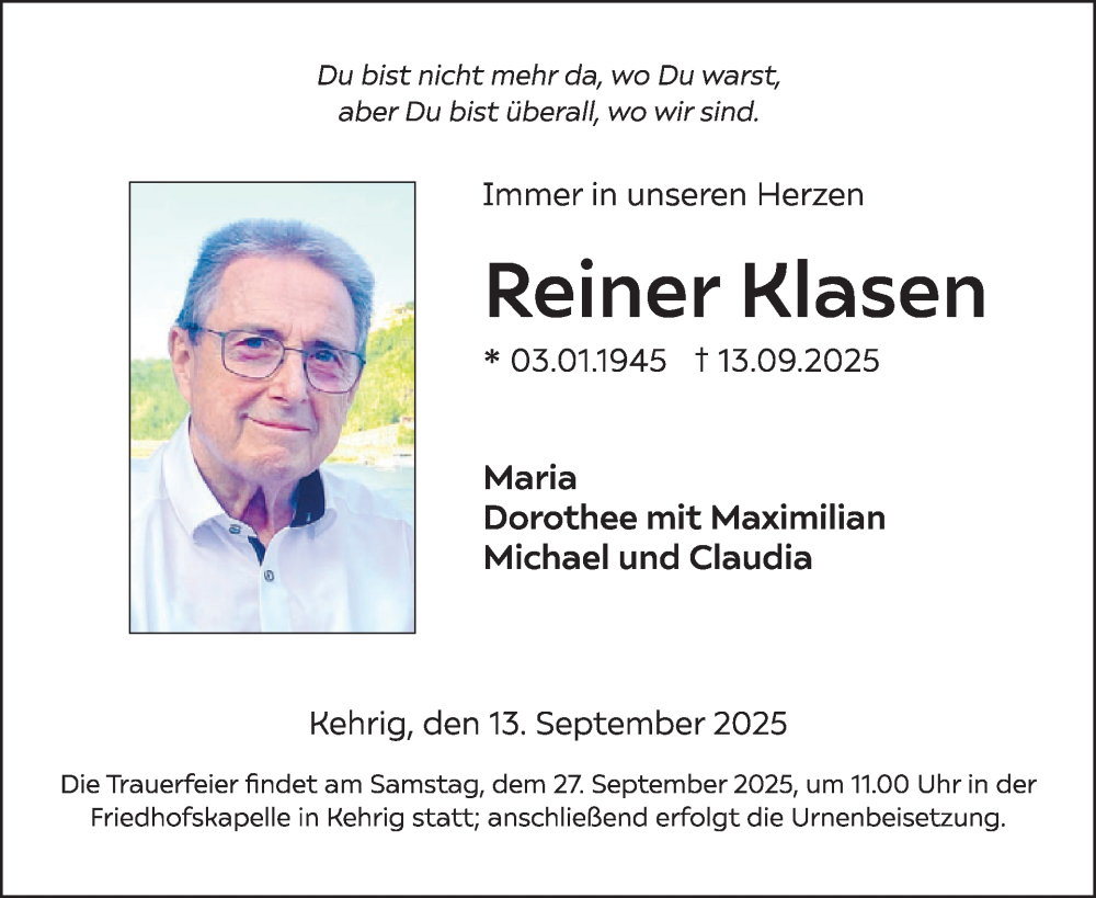  Traueranzeige für Reiner Klasen vom 24.09.2025 aus WochenSpiegel