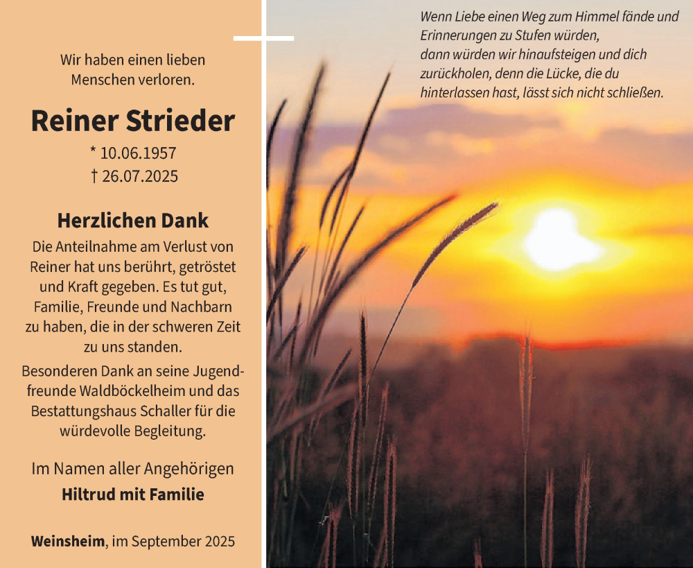  Traueranzeige für Reiner Strieder vom 27.09.2025 aus WochenSpiegel