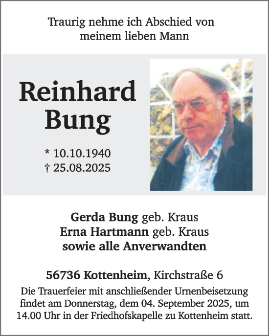 Traueranzeige von Reinhard Bung von WochenSpiegel