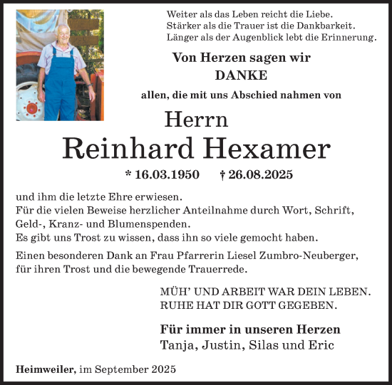 Traueranzeige von Reinhard Hexamer von WochenSpiegel