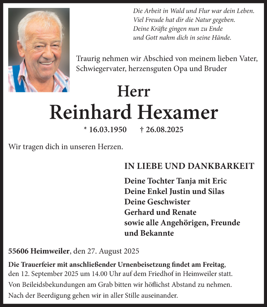  Traueranzeige für Reinhard Hexamer vom 06.09.2025 aus WochenSpiegel