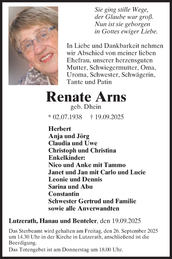 Traueranzeige von Renate Arns von WochenSpiegel