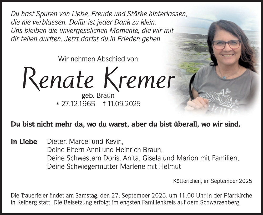  Traueranzeige für Renate Kremer vom 20.09.2025 aus WochenSpiegel