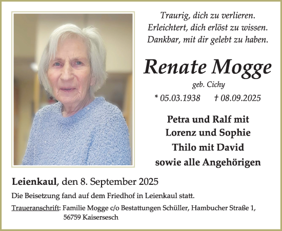 Traueranzeige von Renate Mogge von WochenSpiegel