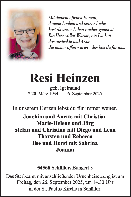 Traueranzeige von Resi Heinzen von WochenSpiegel