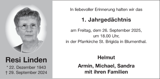 Traueranzeige von Resi Linden von WochenSpiegel
