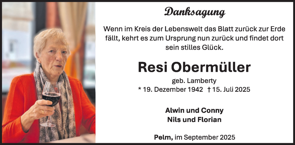  Traueranzeige für Resi Obermüller vom 13.09.2025 aus WochenSpiegel
