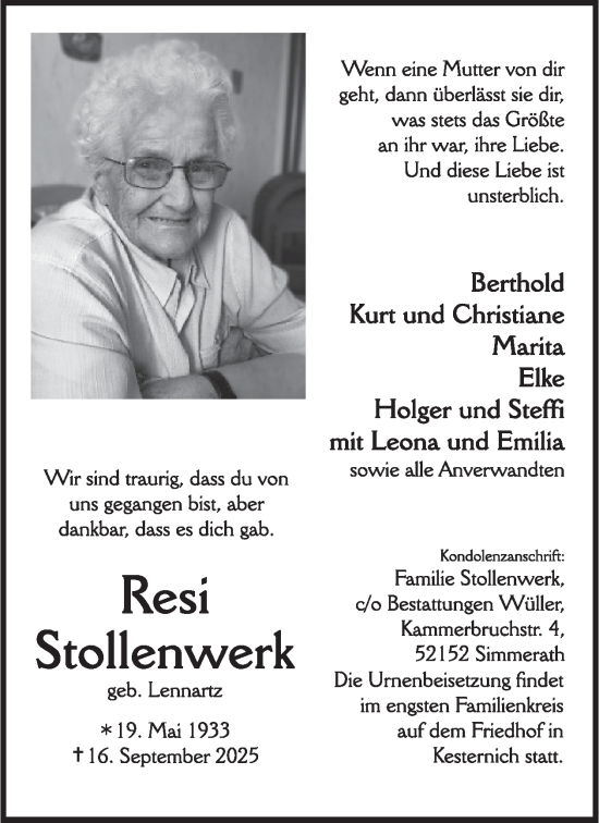 Traueranzeige von Resi Stollenwerk von WochenSpiegel