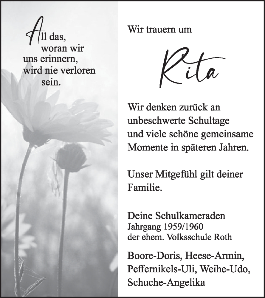  Traueranzeige für Rita Adam vom 06.09.2025 aus WochenSpiegel