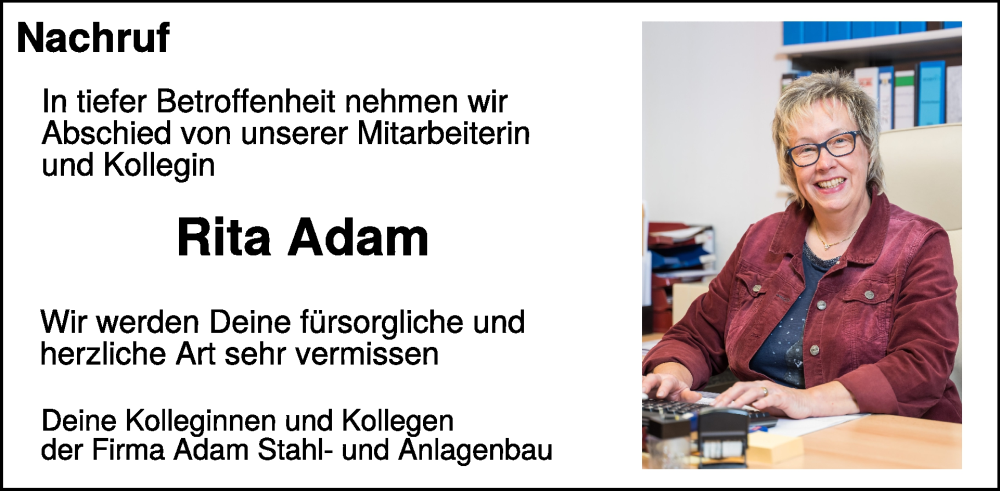  Traueranzeige für Rita Adam vom 06.09.2025 aus WochenSpiegel