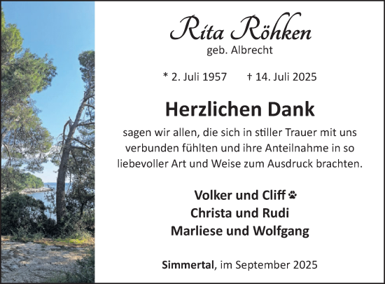 Traueranzeige von Rita Röhken von WochenSpiegel