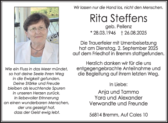 Traueranzeige von Rita Steffens von WochenSpiegel