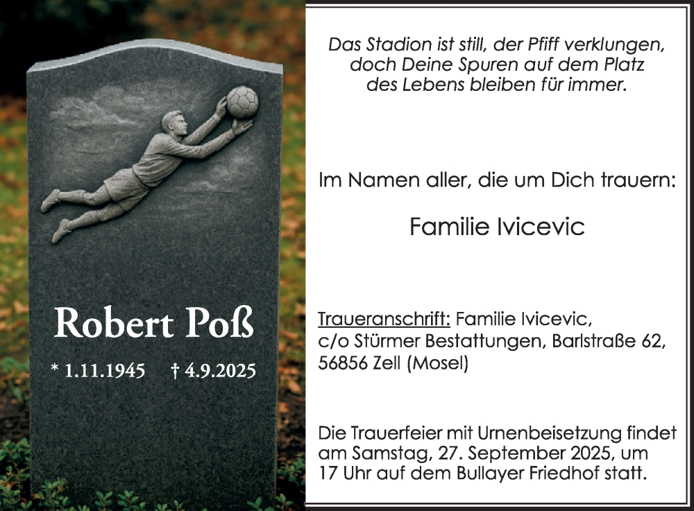  Traueranzeige für Robert Poß  vom 10.09.2025 aus WochenSpiegel