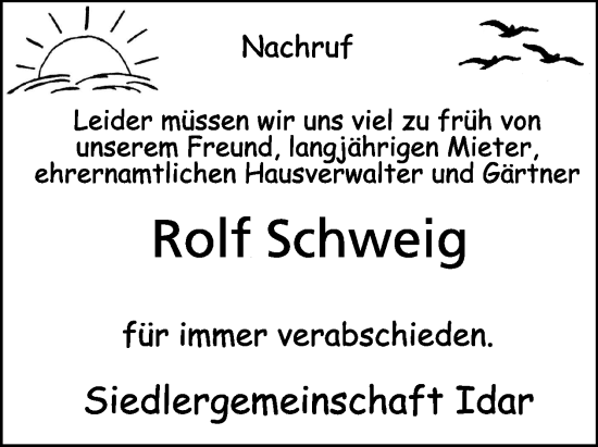Traueranzeige von Rolf Schweig von WochenSpiegel