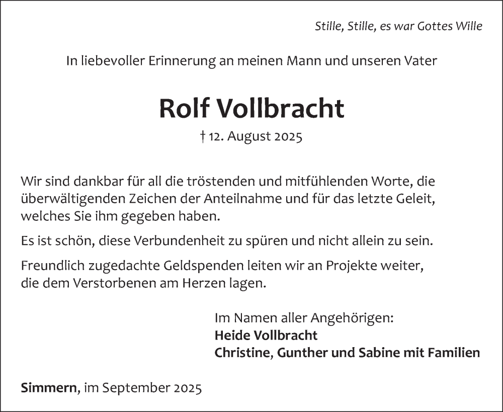  Traueranzeige für Rolf Vollbracht vom 20.09.2025 aus WochenSpiegel