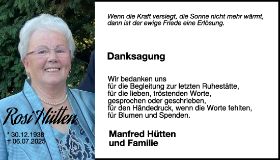 Traueranzeige von Rosi Hütten von WochenSpiegel
